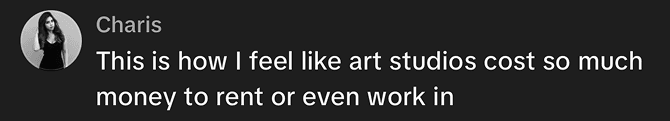 Social media comment reading: This is how I feel like art studios cost so much money to rent or even work in.