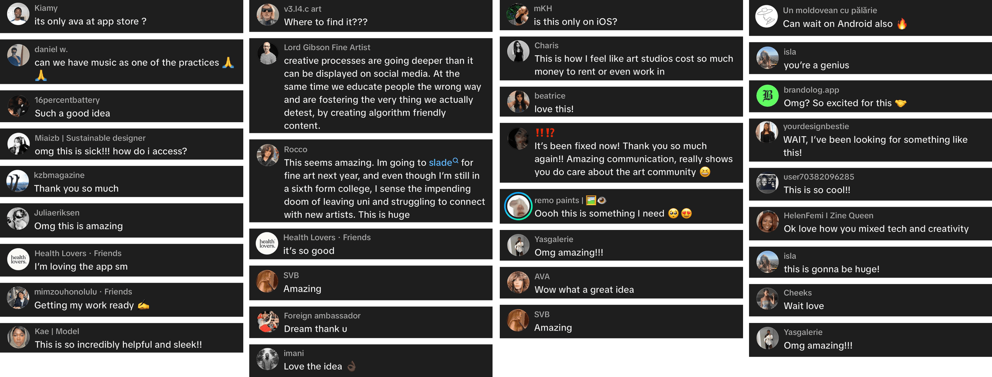 A collage of comments from people responding positively to Lylac across social platforms