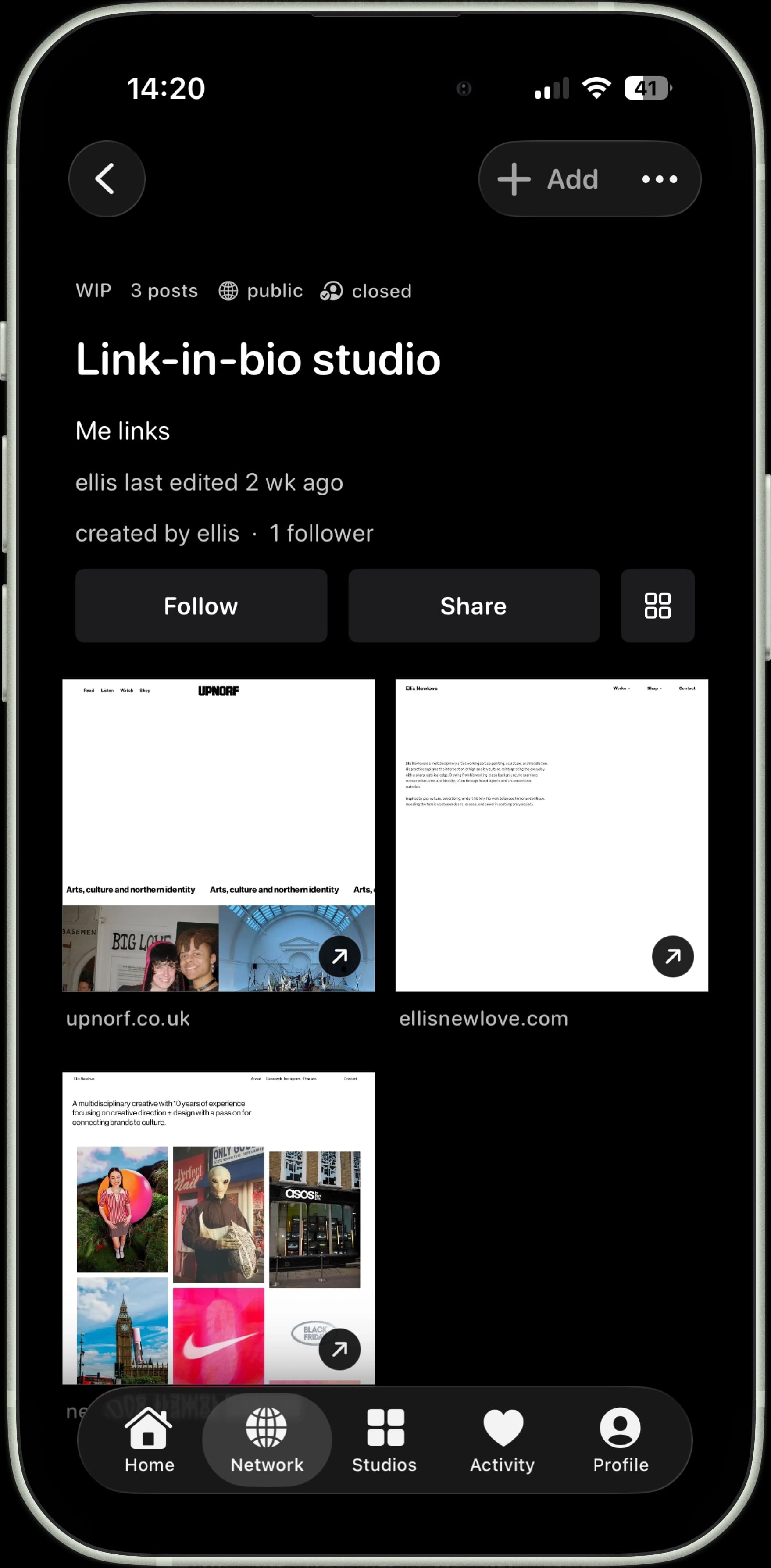 Link-based Studio bringing several external creative websites together