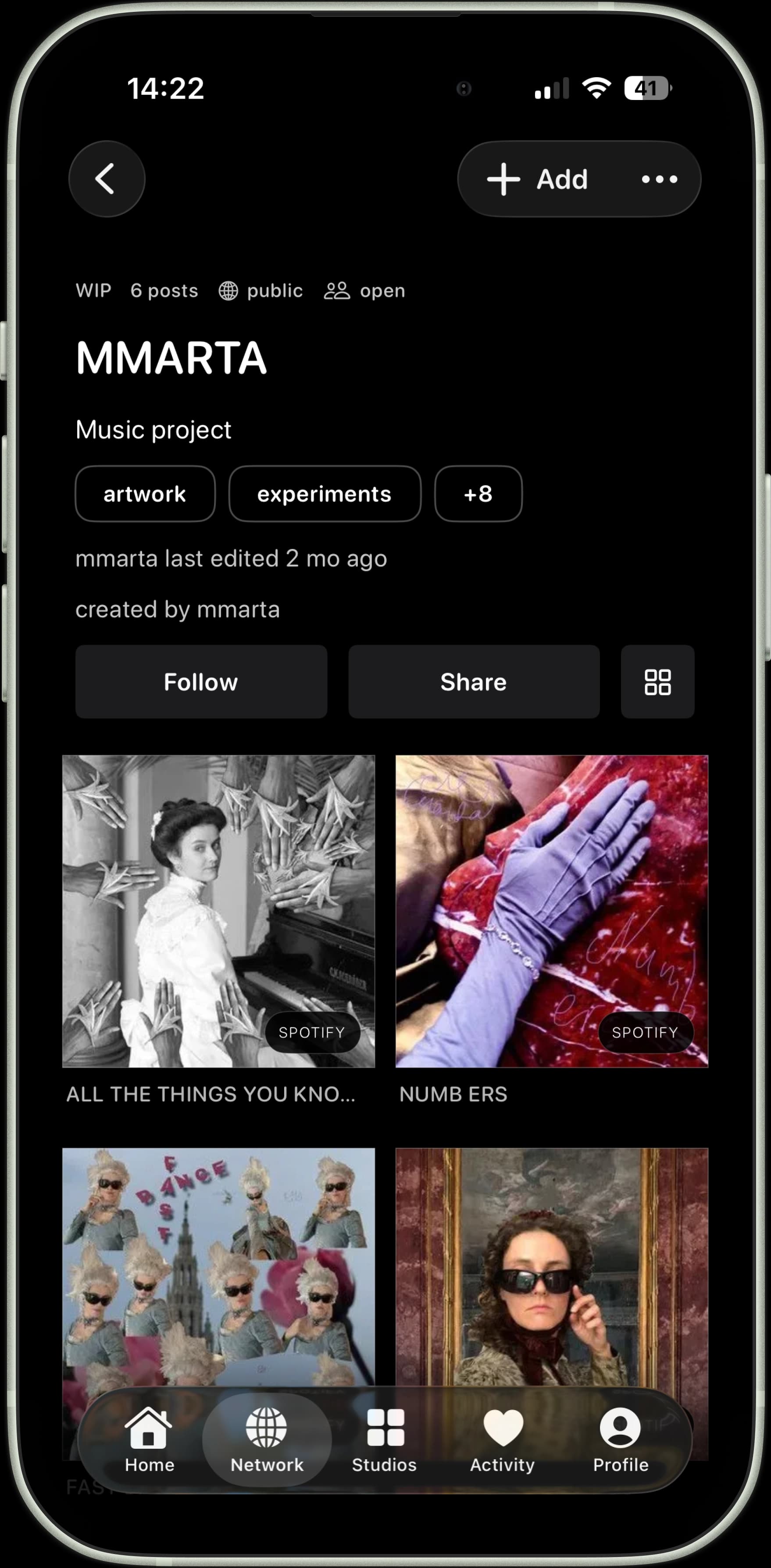 Musician Studio showing artwork and linked listening posts