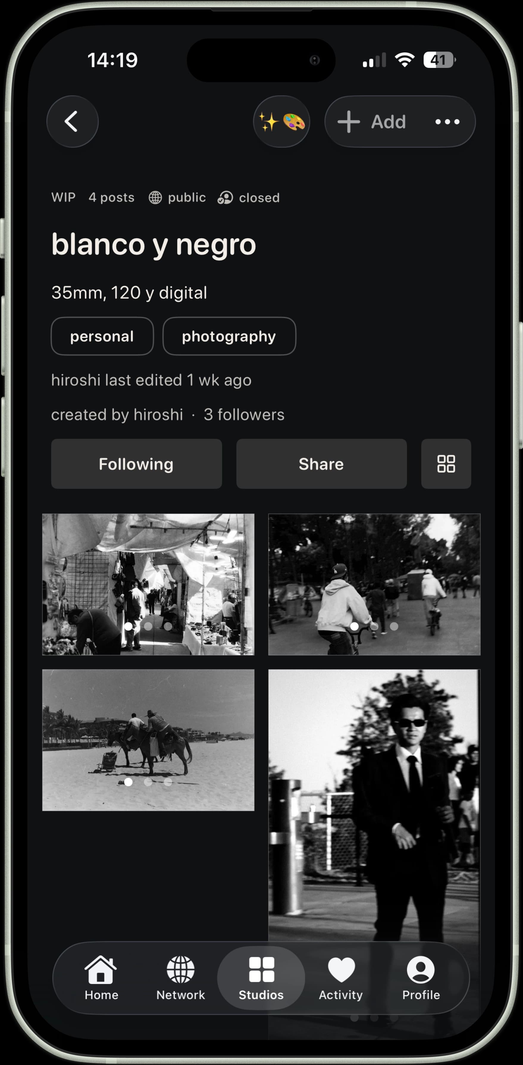 Photography Studio showing documentary black and white work
