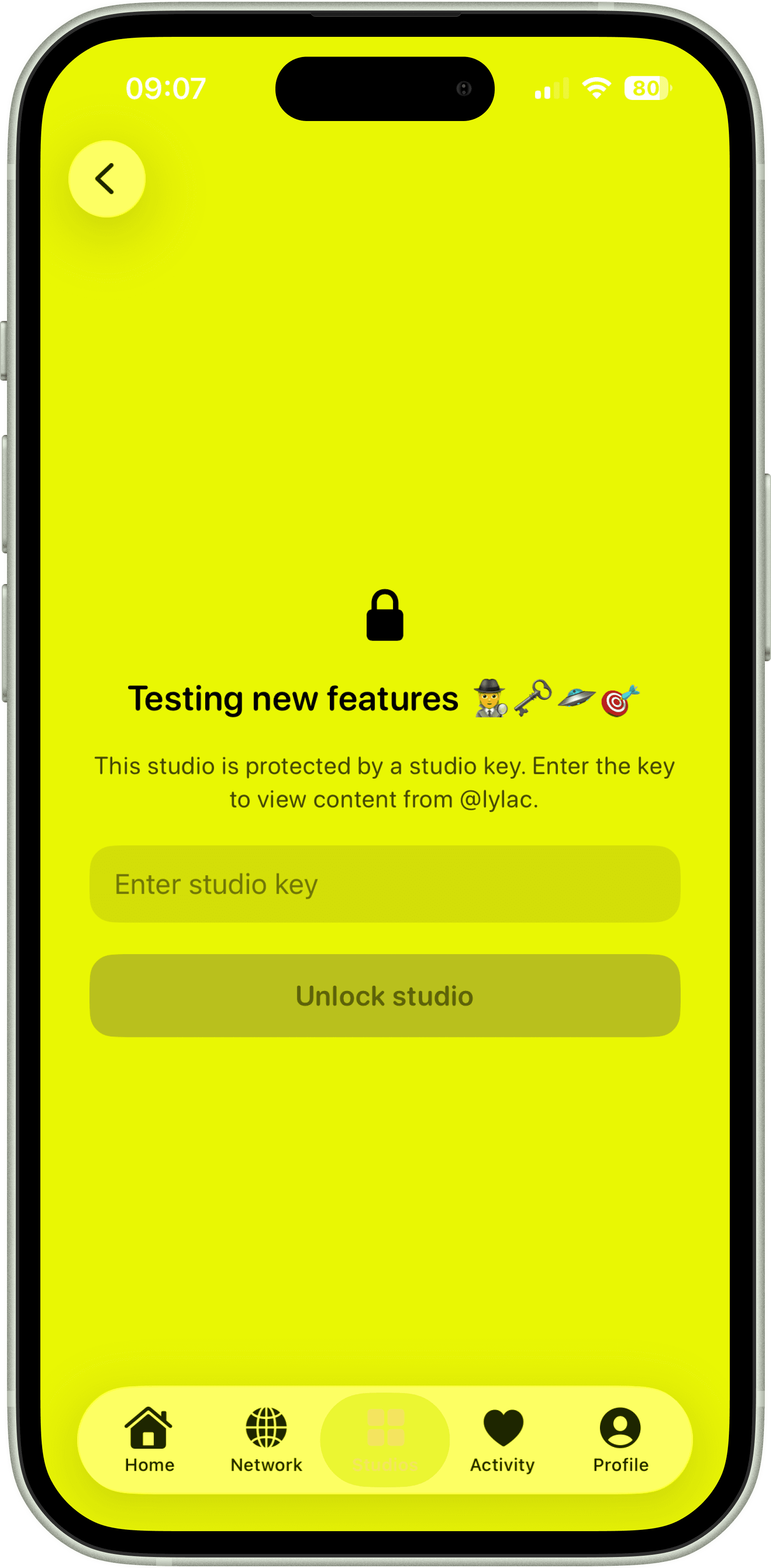 A password-protected Lylac studio asking a visitor for its studio key.