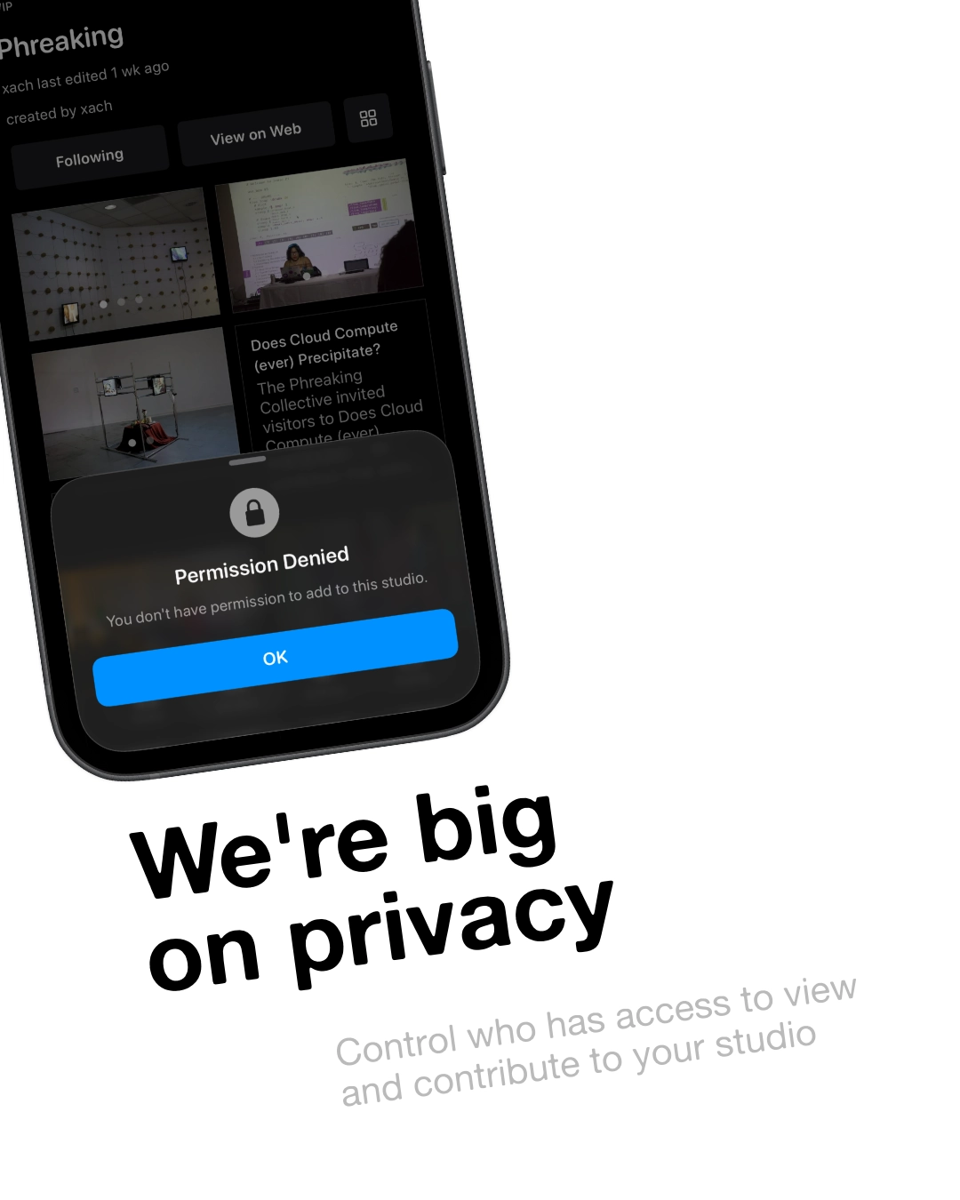 Promotional slide showing privacy controls inside a Lylac studio.